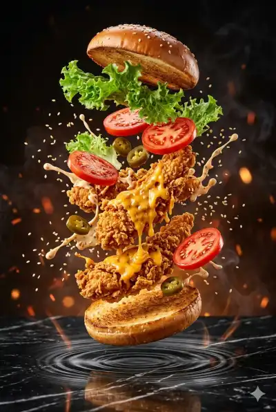 High-end commercial food photography, rim lighting, dramatic highlights on textures