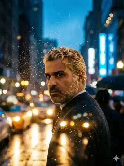 cinematic portrait of a young man with wavy blonde hair, looking over his shoulder with a serious expression