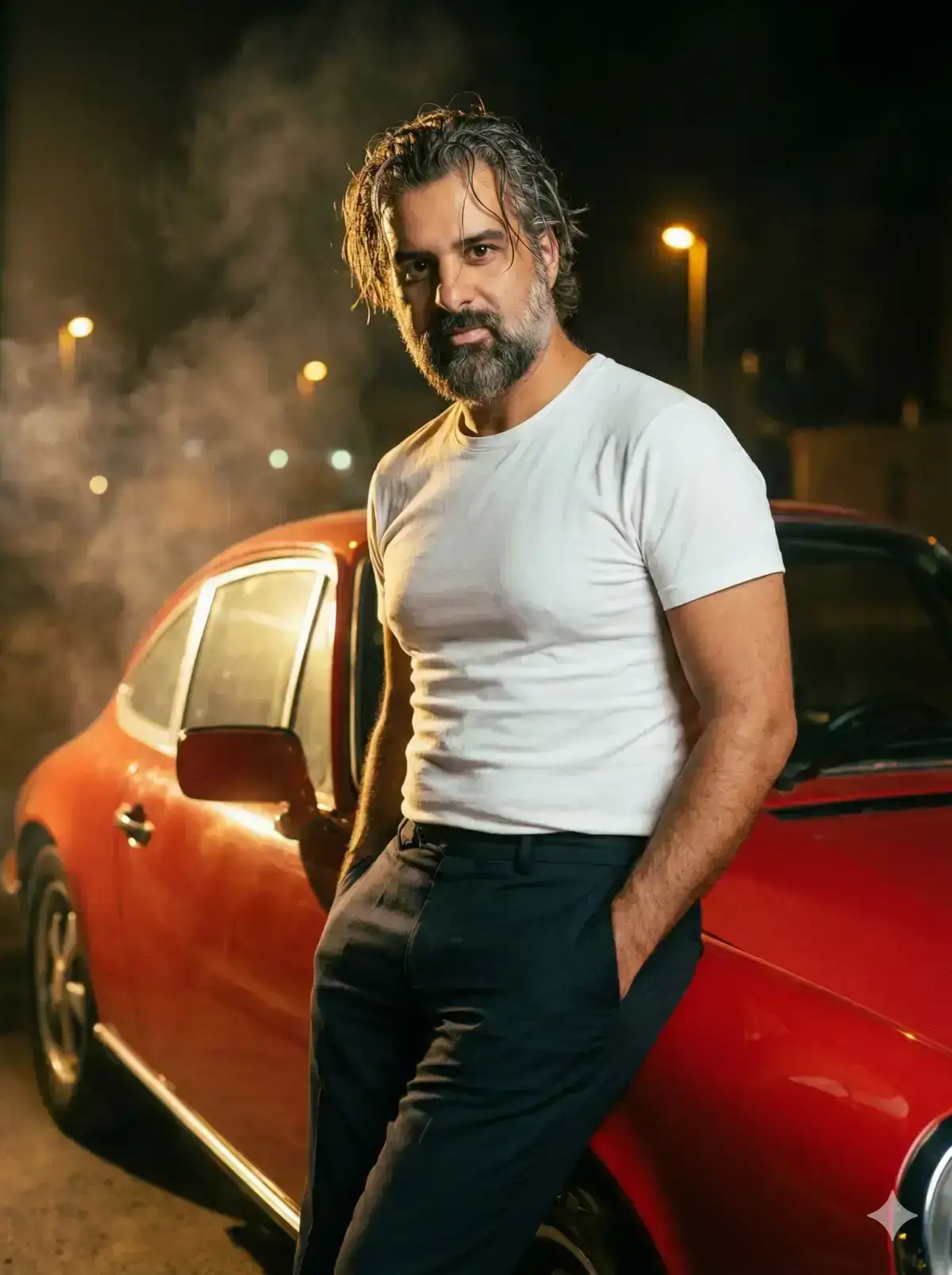 man leaning against a vintage red sports car at night. He wears a plain white fitted t-shirt tucked into dark tailored trousers, hands in pockets