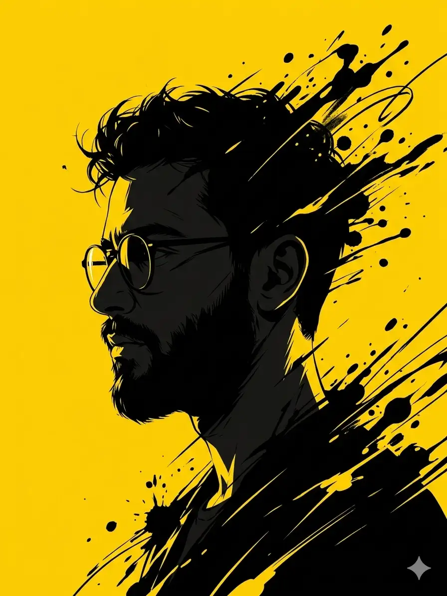 young man with short messy hair and round glasses, minimalist black