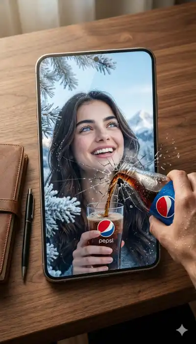 On the phone screen, the woman image much larger in a close-up winter environment, smiling happily while holding a clear glass with a visible Pepsi logo on it.
