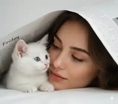 Generate a realistic, emotionally warm close-up portrait featuring a woman and white kitten