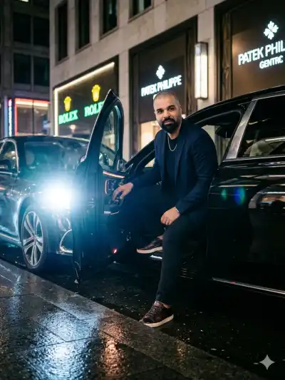 realistic cinematic photo of a person using the face from the uploaded image. The person is stepping out of a luxury car at night with a confident and calm expression.
