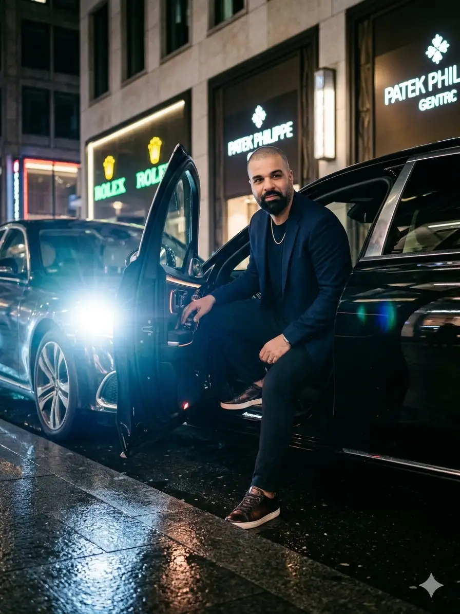 realistic cinematic photo of a person using the face from the uploaded image. The person is stepping out of a luxury car at night with a confident and calm expression.
