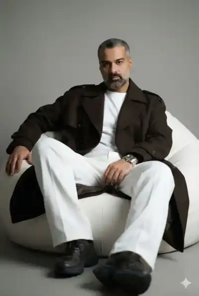 cinematic fashion photoshoot of a 40-year-old man. He has a refined slim face with a lean, youthful