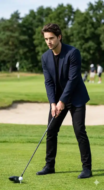 cinematic portrait of a young man playing golf on a well maintained golf course during a bright daytime. 