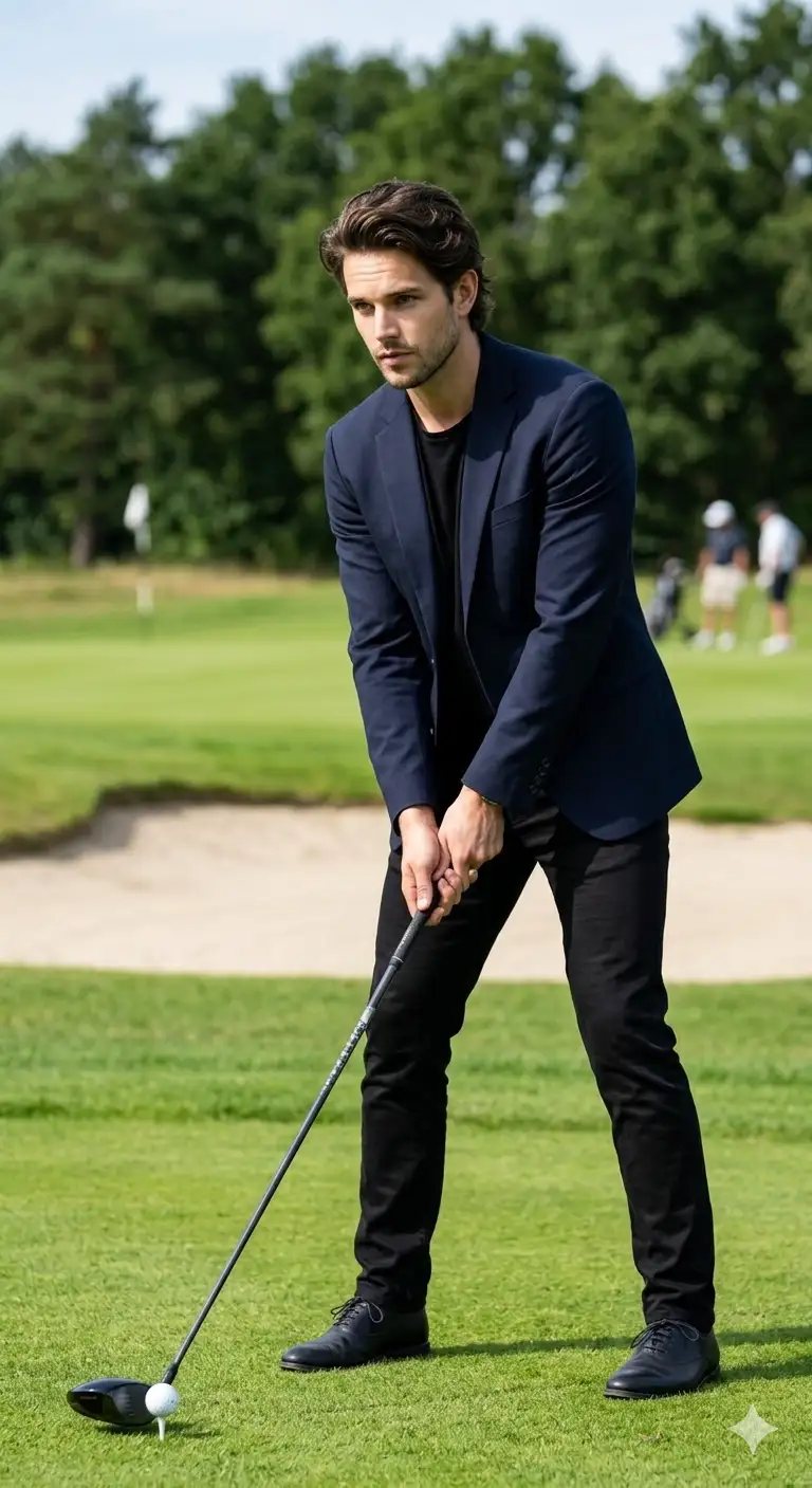 cinematic portrait of a young man playing golf on a well maintained golf course during a bright daytime.
