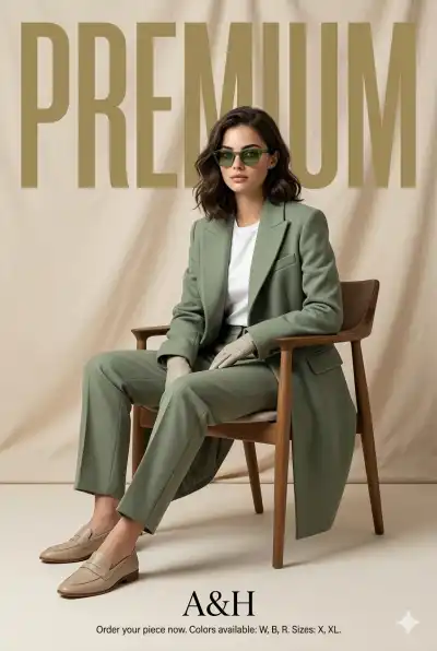 confident female model sitting on a modern wooden armchair, relaxed pose, one hand resting on armrest and other on lap, looking slightly sideways