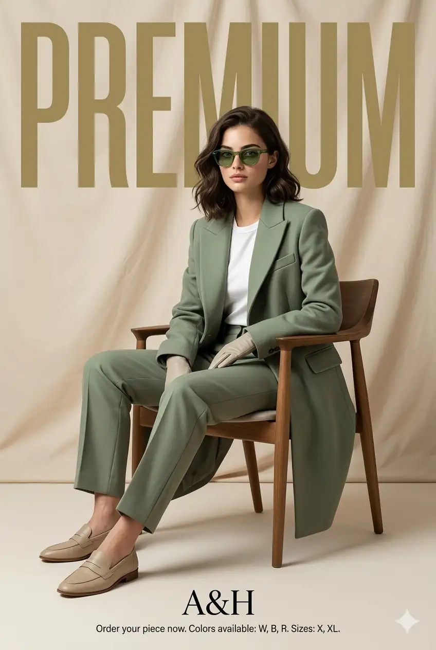 confident female model sitting on a modern wooden armchair, relaxed pose, one hand resting on armrest and other on lap, looking slightly sideways