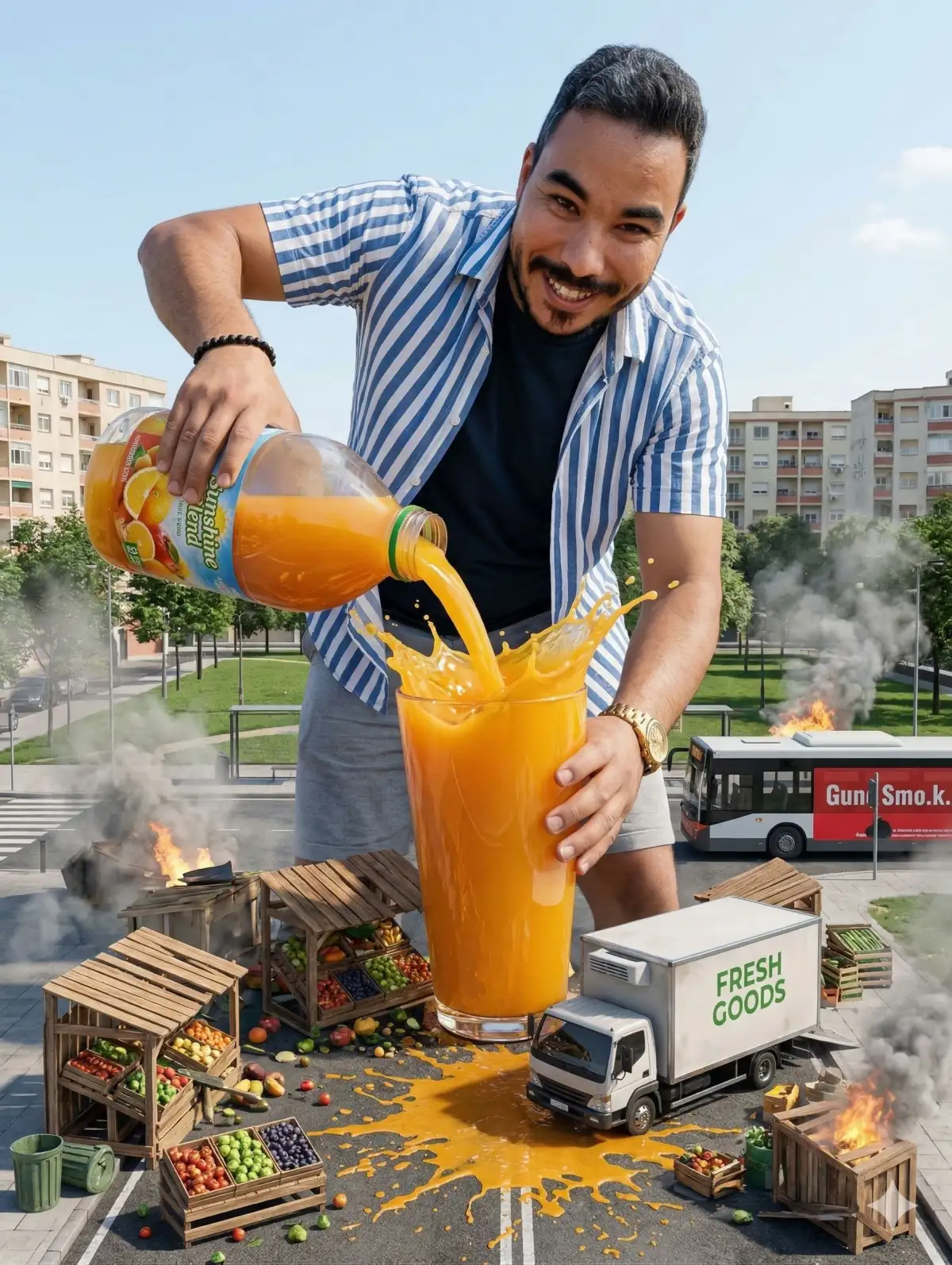 Moving delivery truck labeled 'FRESH GOODS' smashed flat under the glass
