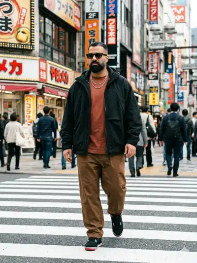 street fashion shot of a stylish man walking confidently across a busy Japanese city