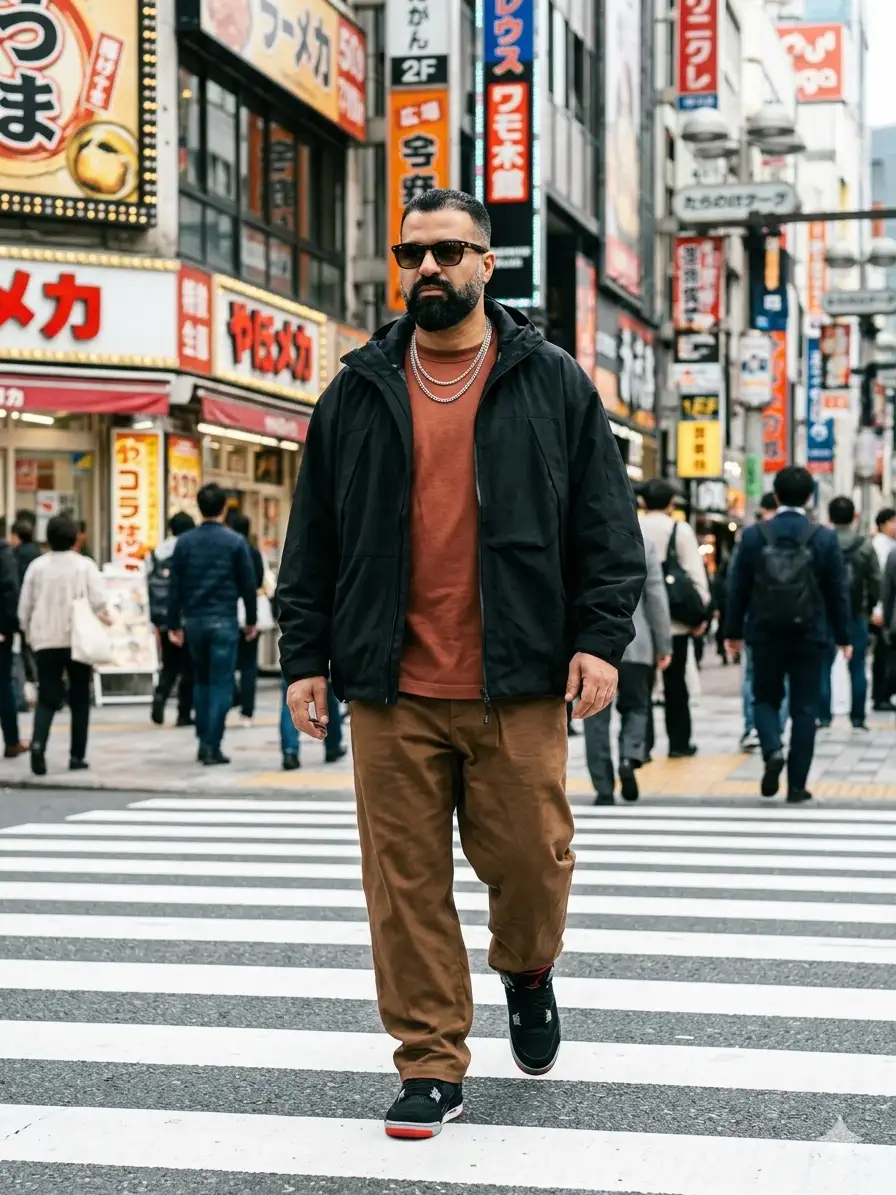 street fashion shot of a stylish man walking confidently across a busy Japanese city