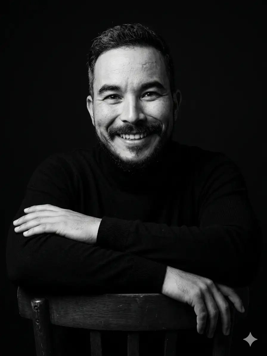 studio portrait of him leaning gracefully on the backrest of a chair,