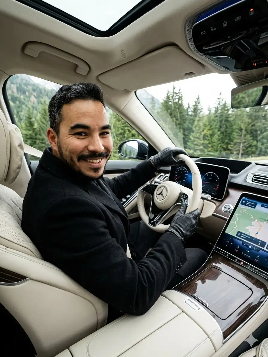 cinematic interior shot of a luxury SUV, featuring a handsome young man with thick, wavy brown hair driving