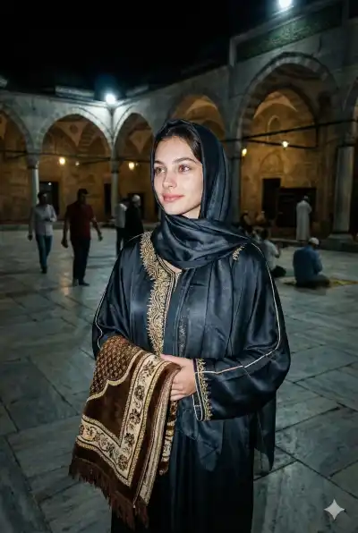 woman wearing a premium silk prayer outfit with gold accents, holding a prayer mat on her arm