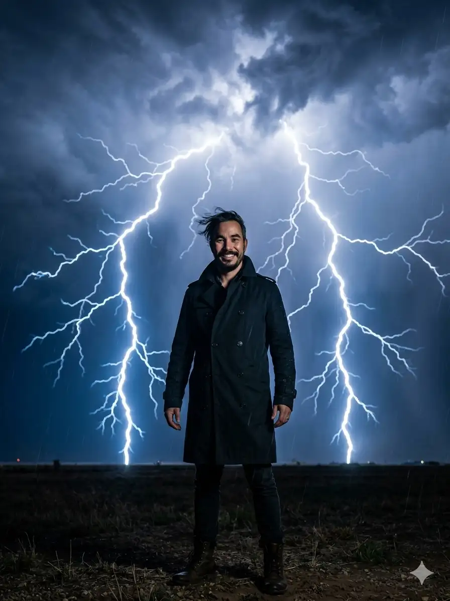 cinematic, Hollywood-style photo of a person using the face from the uploaded image. The person is standing confidently in an open landscape at night