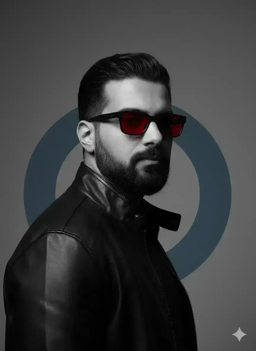 hyper-realistic portrait of a stylish young man looking over his shoulder