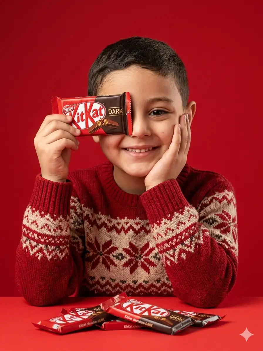 young boy with short black hair and bangs smiling while holding a red KitKat Dark chocolate bar covering one eye, resting her cheek on her hand