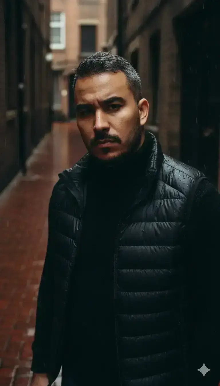 Cinematic Portrait of Man in Courtyard