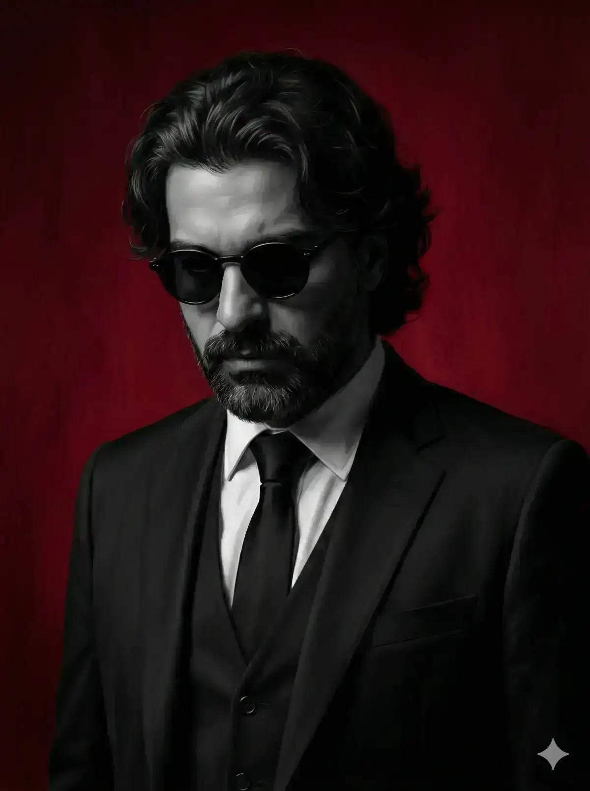 cinematic noir-style portrait of a mysterious man wearing a tailored black three-piece suit, white dress shirt, and black tie.