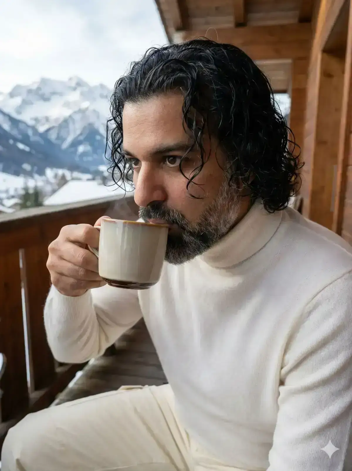Wearing a white cashmere turtleneck and cream ski pants