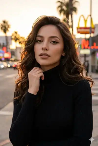 cinematic portrait of a young woman with long, voluminous, wavy dark brown hair. She is wearing a classic black turtleneck sweater