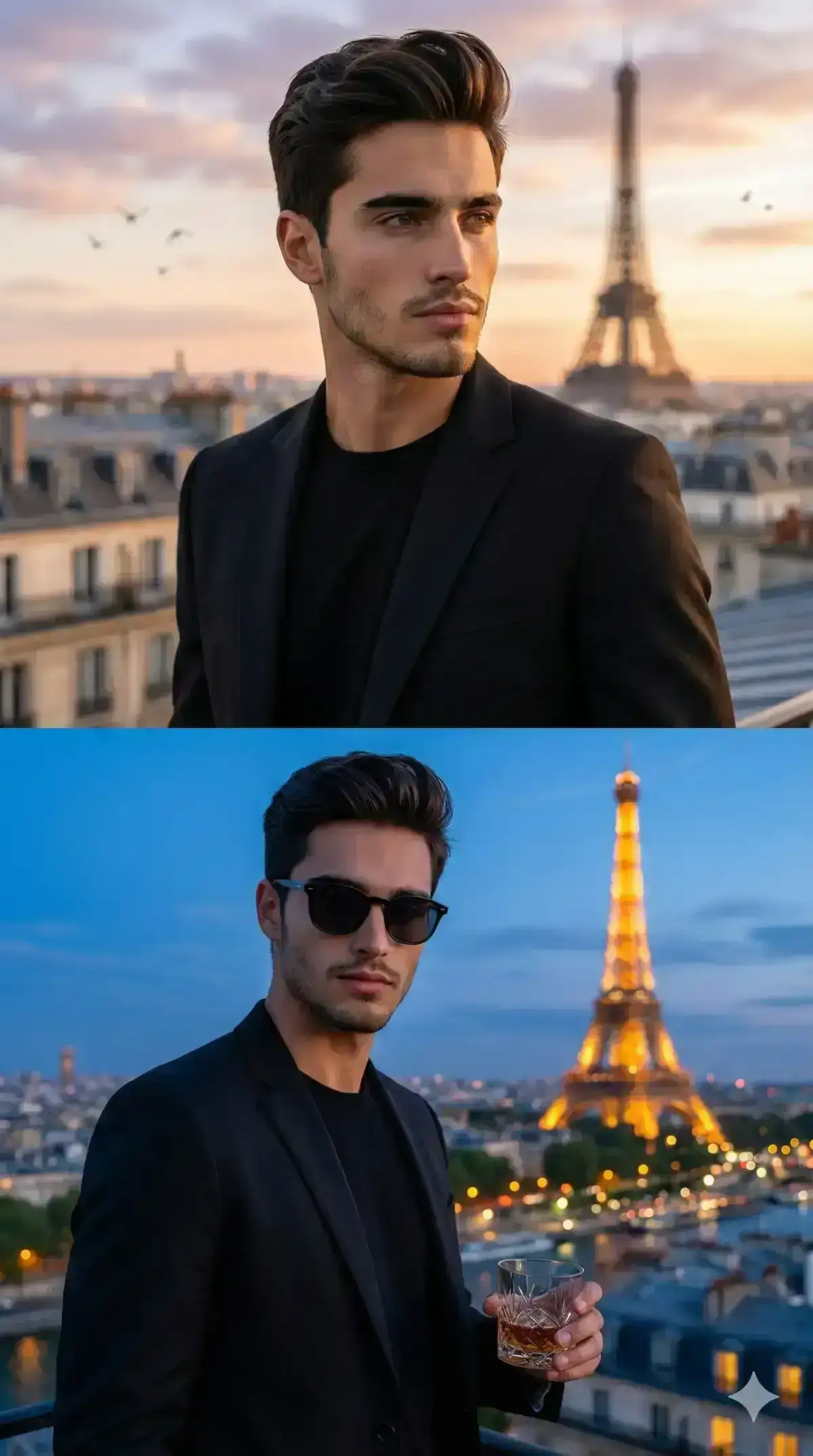 fashion portrait of a stylish man on a Paris rooftop at sunset and twilight. He wears a tailored black blazer over