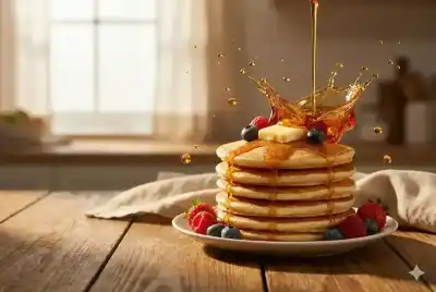 Advertising-style food photography of a stack of pancakes arranged on a rustic table