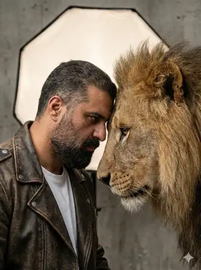 intense portrait of a man, a friend of real lion, captured in a raw