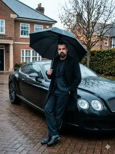 Man's face and upper torso framed by the umbrella, Glossy front wheel and side profile of the black car