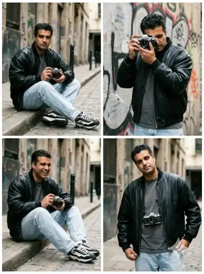 cinematic photography collage with four distinct frames featuring a stylish young man in a trendy urban streetwear outfit