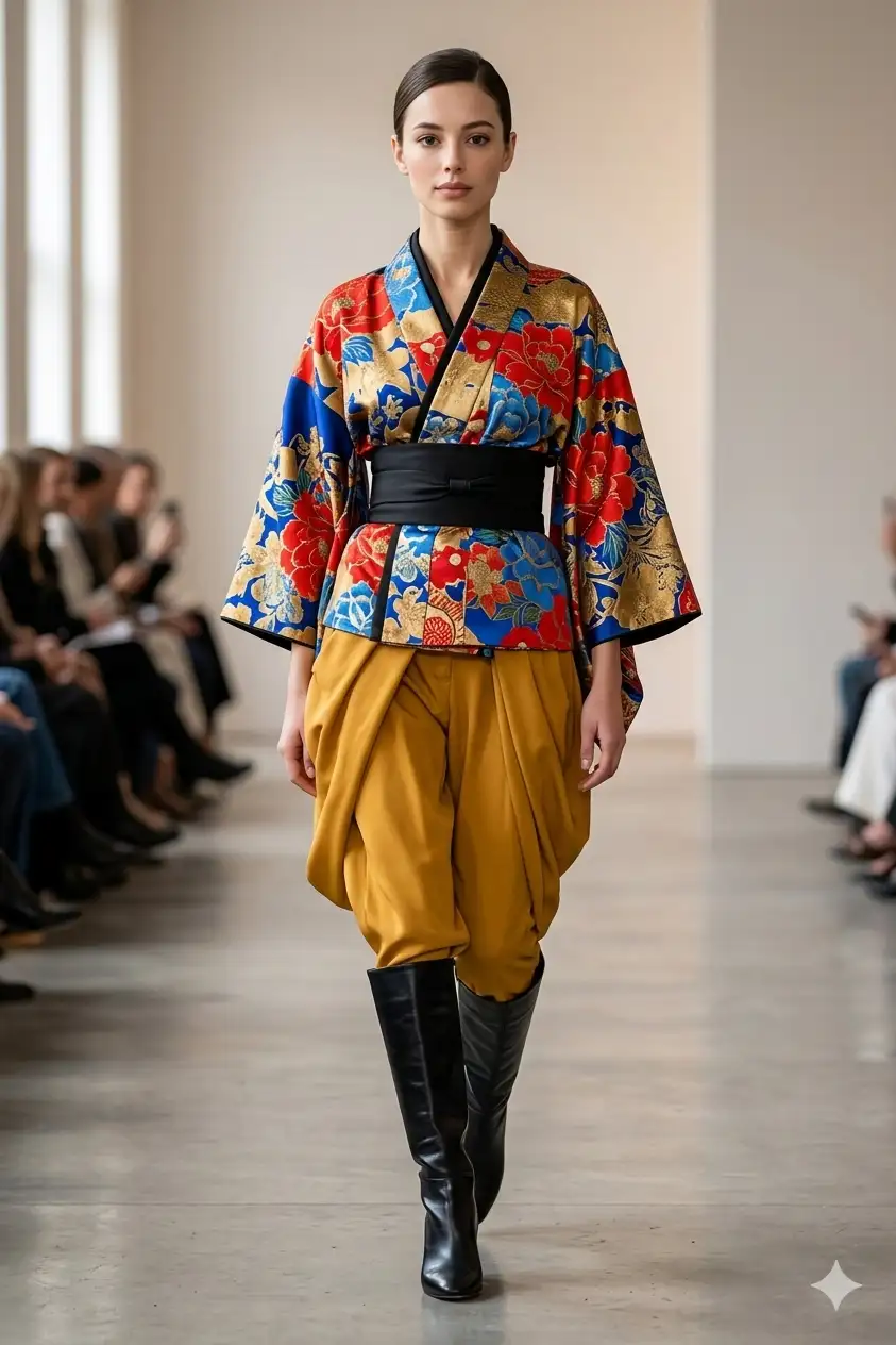 runway portrait of a poised model walking forward wearing an avant-garde kimono-inspired outfit