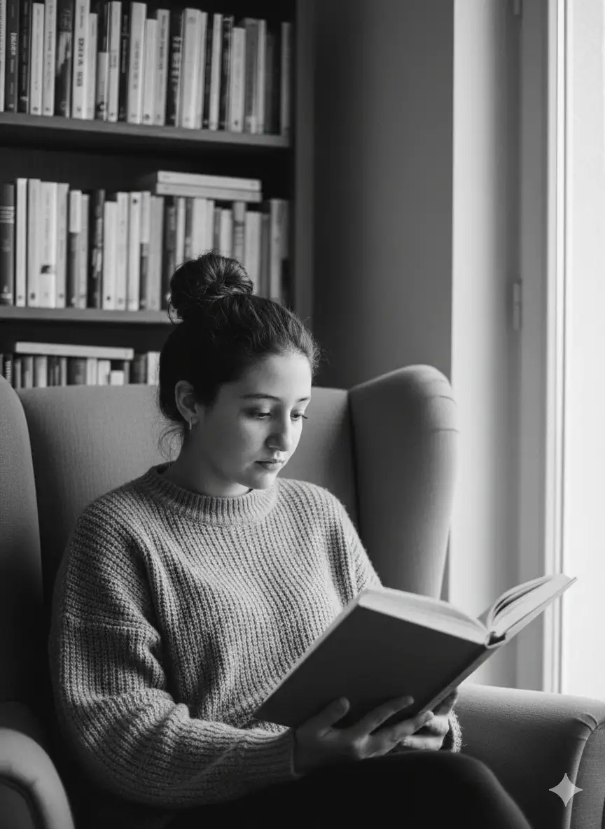 young woman with her hair in a messy bun, sitting by a bright window and deeply focused on reading an open book