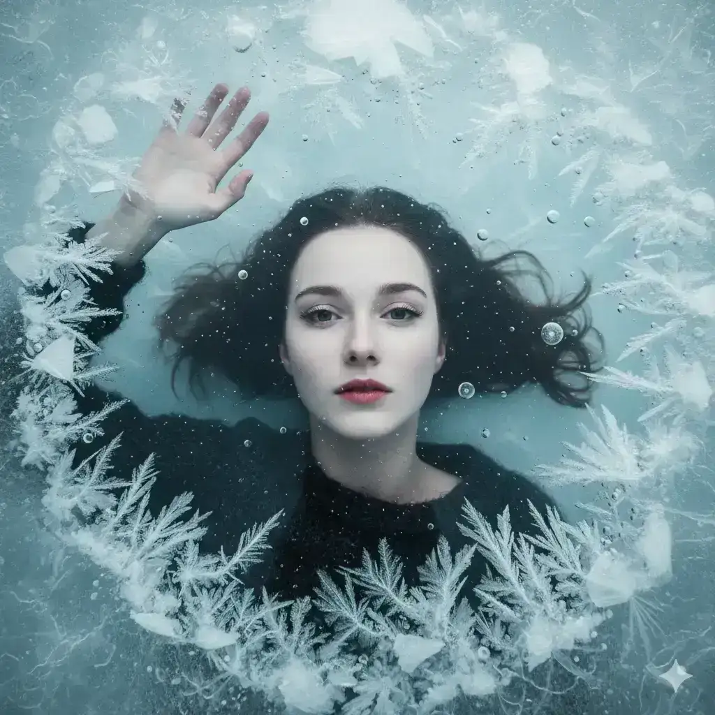 Young woman submerged beneath a frozen surface