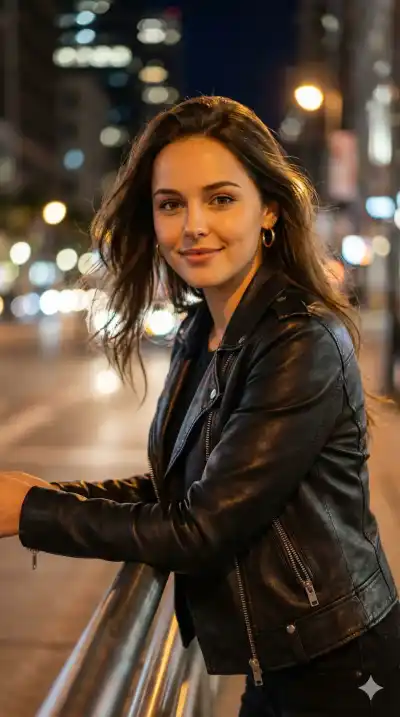 Young woman with messy, shoulder-length brunette hair with bangs, staring directly into the camera with a melancholic and soft expression