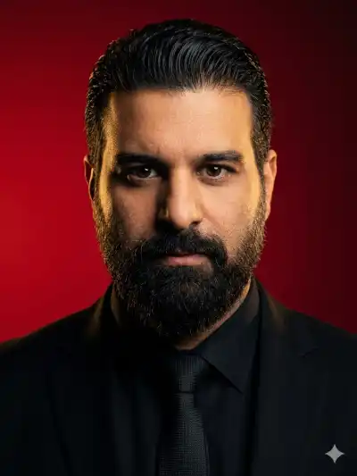 cinematic portrait of a man in a black suit. Intense dramatic lighting with a vibrant red background. Warm golden key light on one side of the face, deep shadows on the other. 