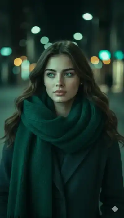 portrait of a young woman standing outdoors, softly lit by ambient city lights