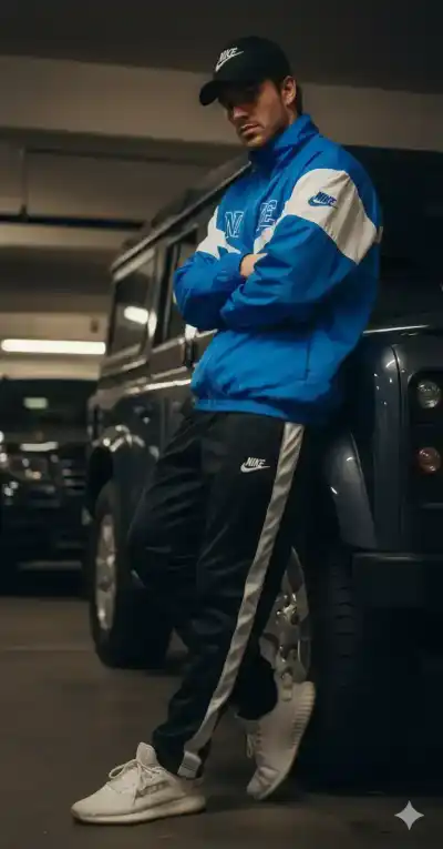 young man use image uploaded leaning against a Land Rover Defender in a dim basement garage.