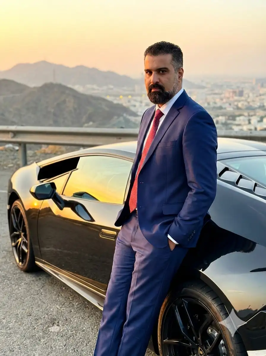 handsome South Asian man in his late 20s to early 30s, sharp jawline, thick well-groomed mustache, confident intense gaze directly at camera