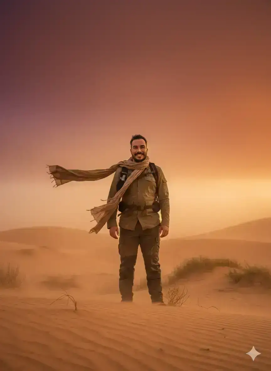  standing in a desert as a soft sandstorm
