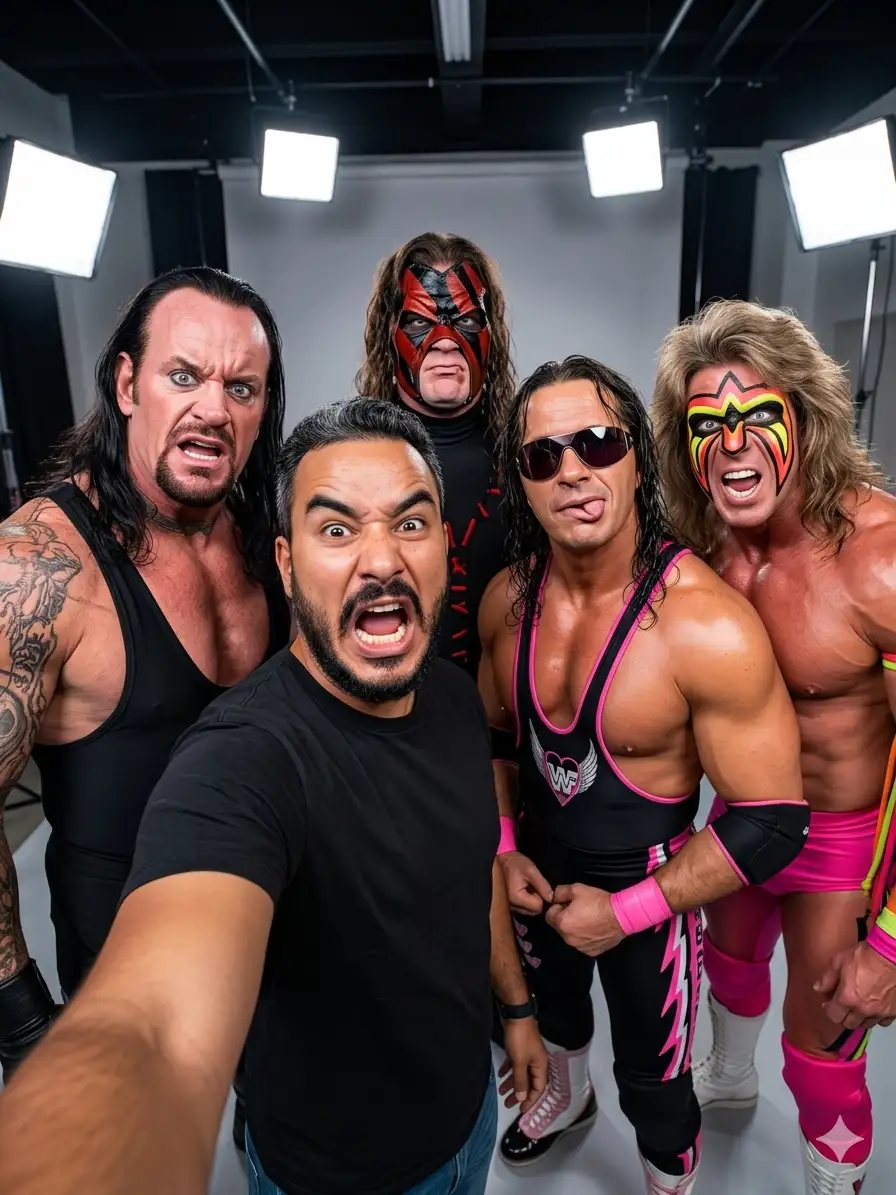 Standing close beside him are four muscular professional wrestlers