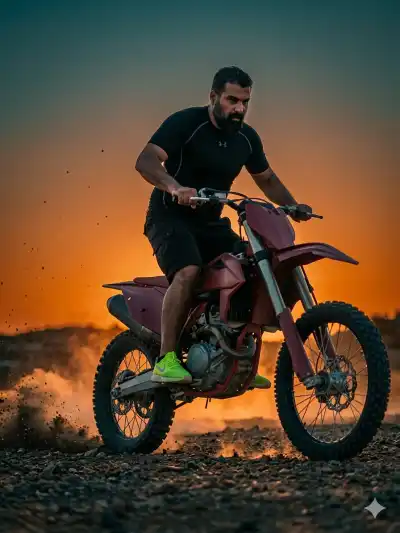 CINEMATIC FASHION-ACTION PORTRAIT OF A RIDER ACCELERATING ACROSS RUGGED TERRAIN AT SUNSET