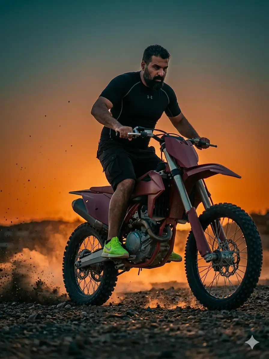 CINEMATIC FASHION-ACTION PORTRAIT OF A RIDER ACCELERATING ACROSS RUGGED TERRAIN AT SUNSET
