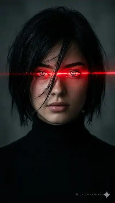 dark portrait of a mysterious young woman with short, messy black hair partially covering her face