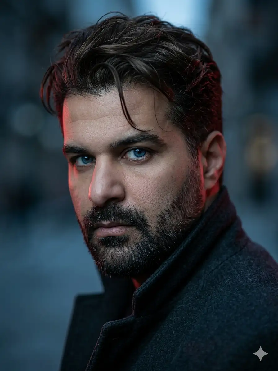 portrait of a handsome young man with sharp blue eyes, tousled dark brown hair swept back with a loose strand falling forward