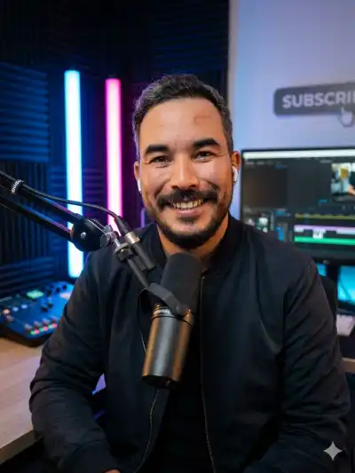 content creator studio. Place the subject sitting at a desk with a professional podcast setup, including a mounted microphone arm and studio microphone in front of them.