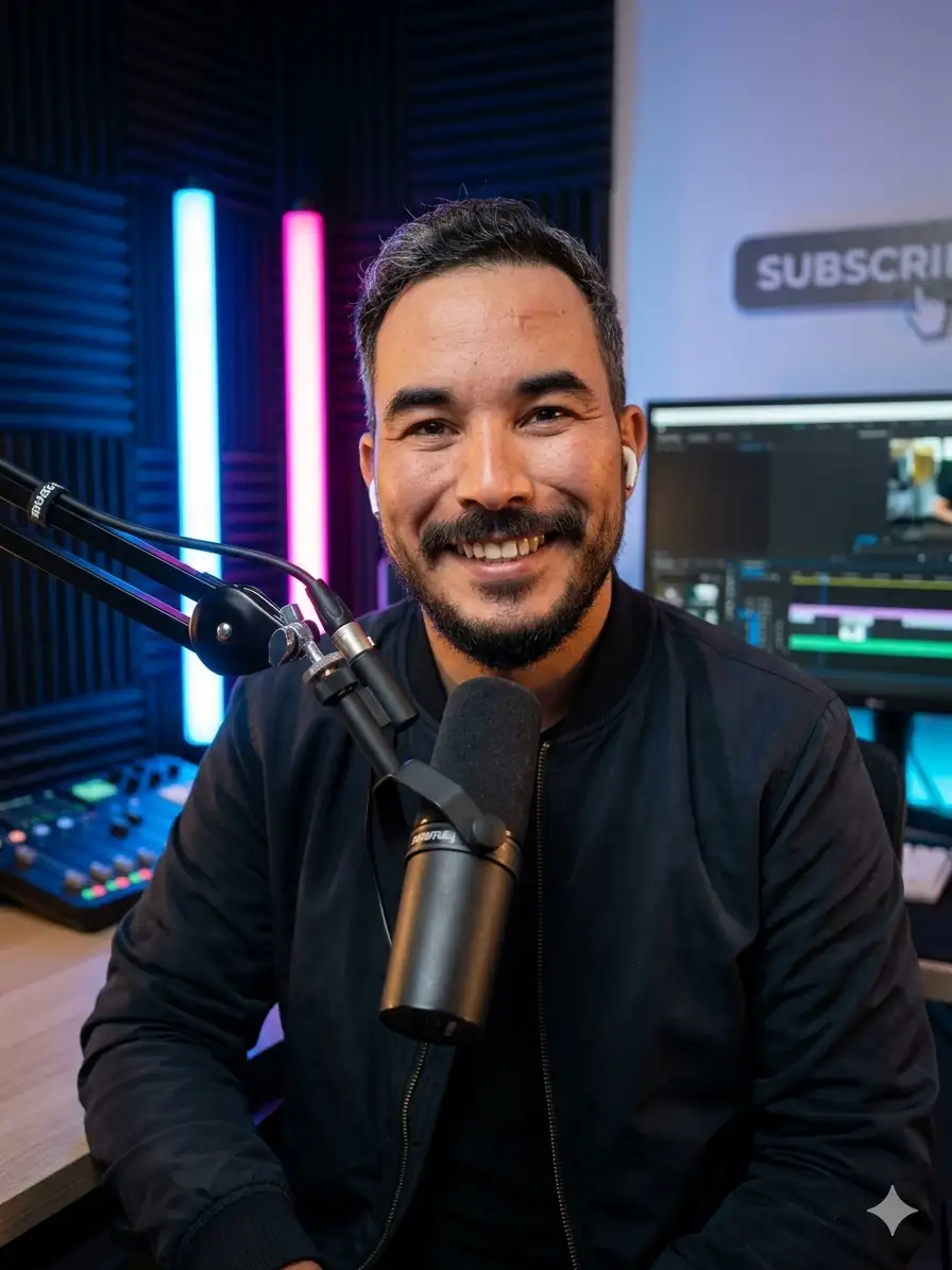 content creator studio. Place the subject sitting at a desk with a professional podcast setup, including a mounted microphone arm and studio microphone in front of them.