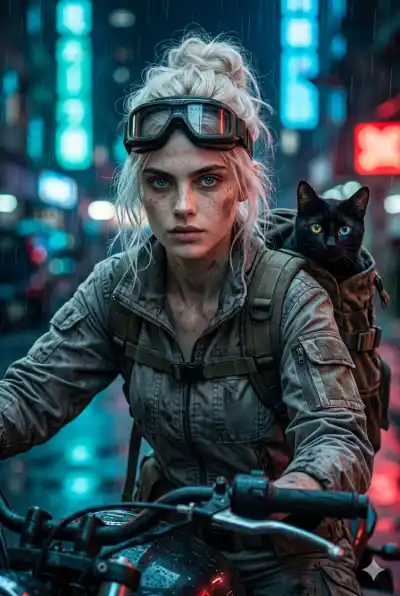 cinematic cyberpunk portrait of a gritty young female survivor riding a motorcycle through a neon-lit futuristic city at night. 
