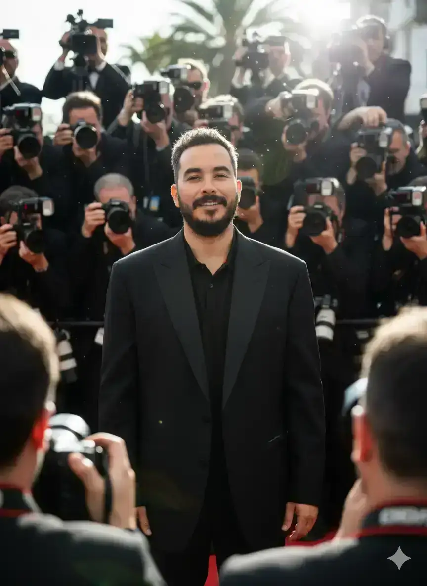 Celebrity amidst paparazzi.