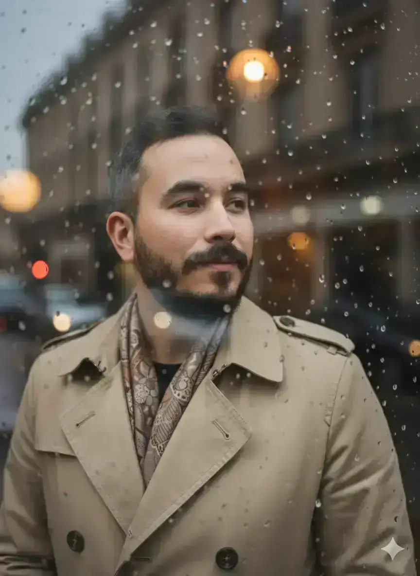 ultra-realistic cinematic portrait conveying quiet reflection and timeless emotion through a rain-soaked café window scene